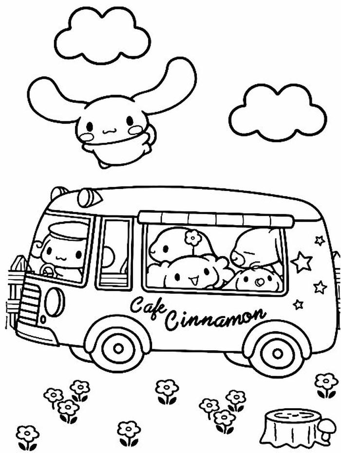 Ảnh tranh tô màu sanrio hoạt hình xe Cafe Cinnamon ngộ nghĩnh