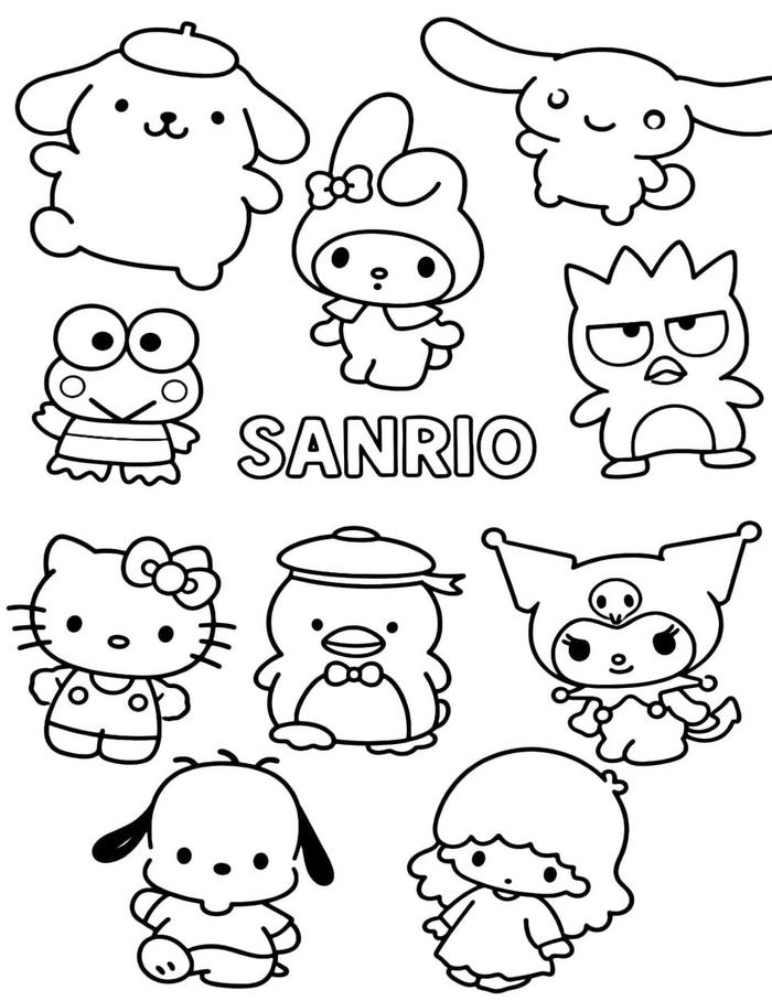 Ảnh tranh tô màu sanrio với các nhân vật đáng yêu của Hello Kitty