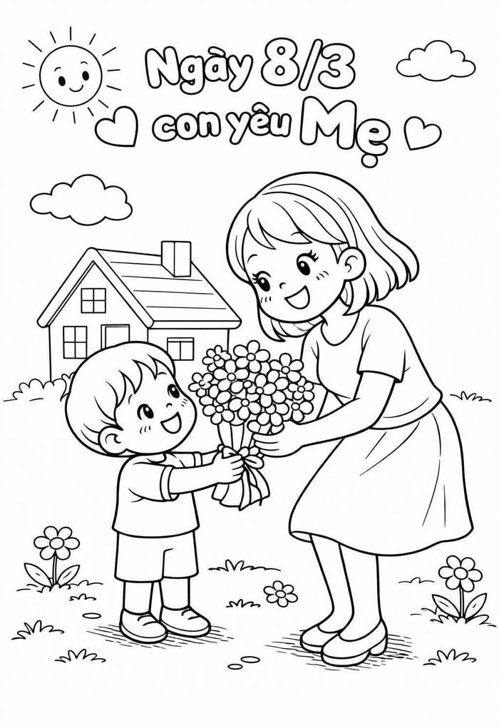 Bó hoa xinh xắn tạo điểm nhấn cho tranh tô màu 8-3