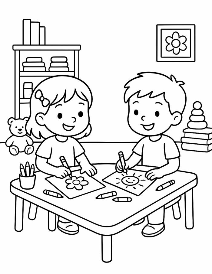 Hình ảnh tô màu trường mầm non dễ thương