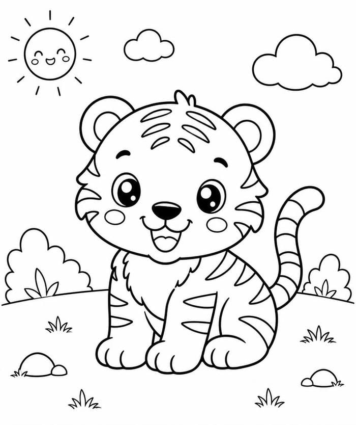 Hình ảnh tranh tô màu con hổ đang ngồi giữa thiên nhiên