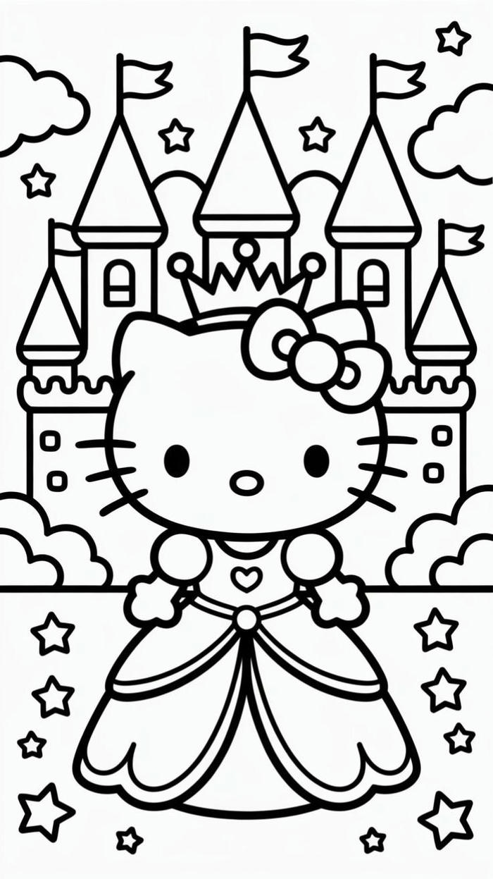Hình tranh tô màu Hello Kitty và lâu đài Sanrio dễ thương