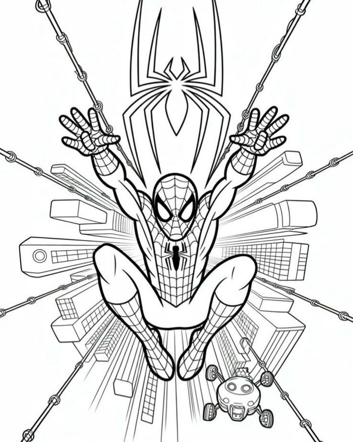 Hình tranh tô màu Spider Man đang đu tơ trên thành phố