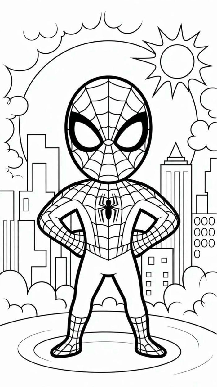 Hình tranh tô màu Spider Man với phong cảnh thành phố