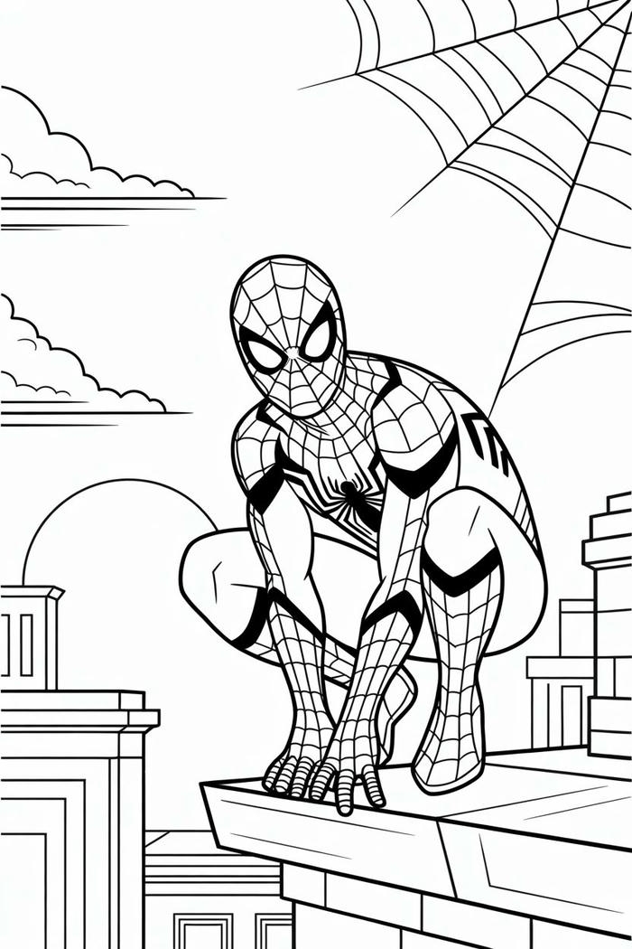 Hình tranh tô màu spider man với vị trí cao ngất.