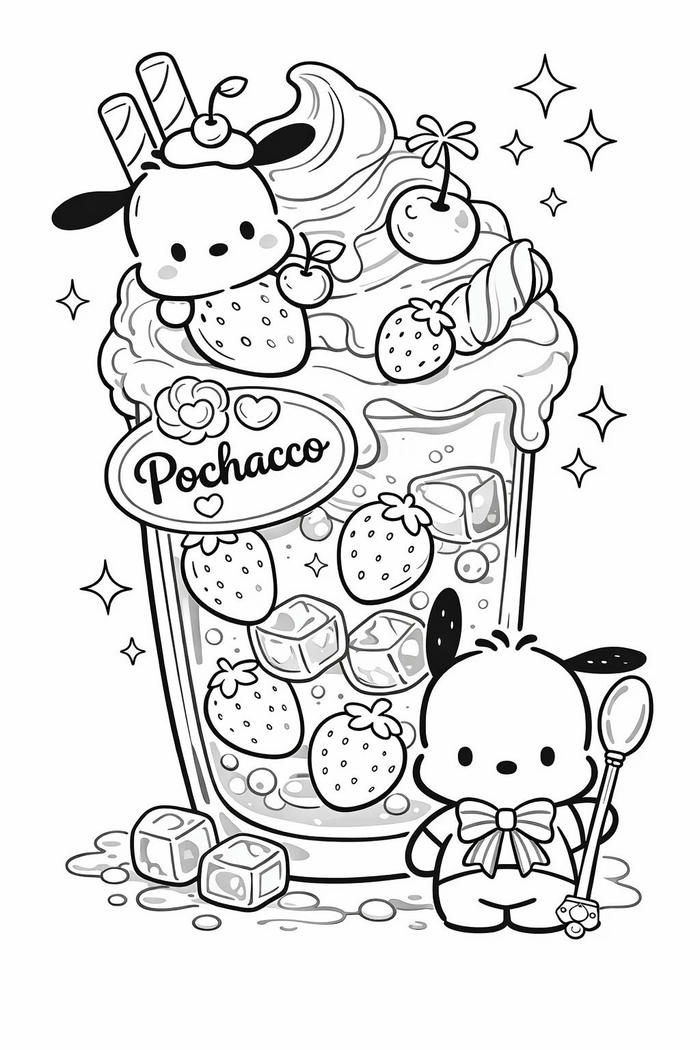 Tô tranh màu sanrio Pochacco và thức uống trái cây ngộ nghĩnh