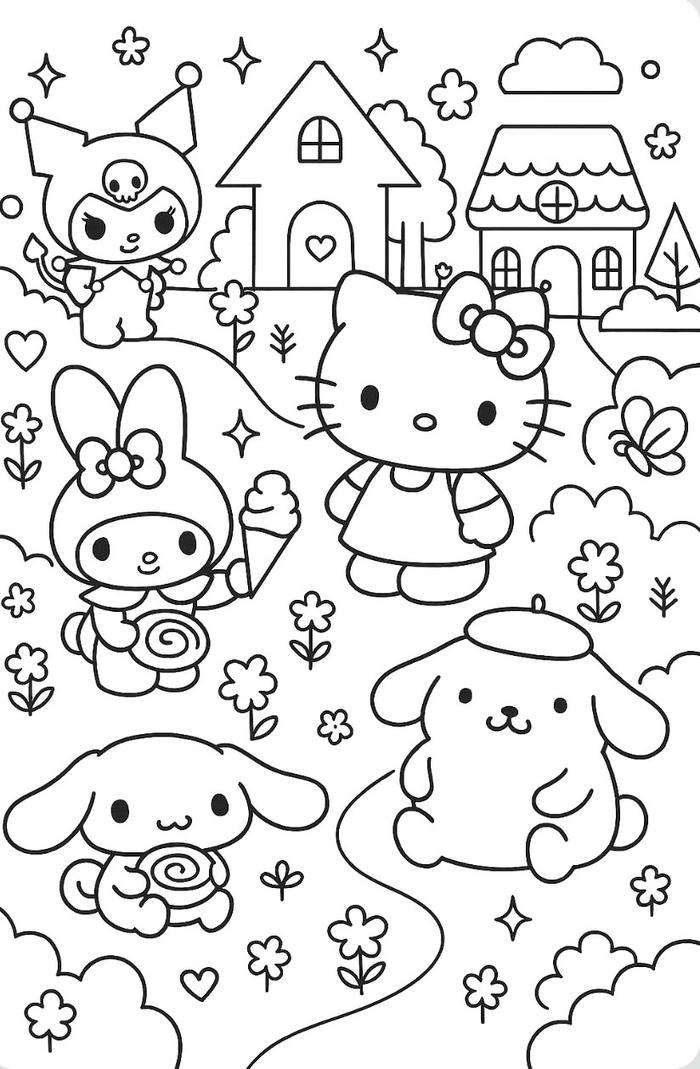 Tô tranh màu sanrio với các nhân vật Hello Kitty My Melody