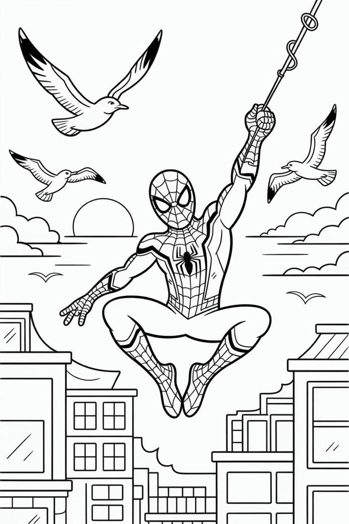 Tô tranh màu spider man đang bay cùng chim trên thành phố
