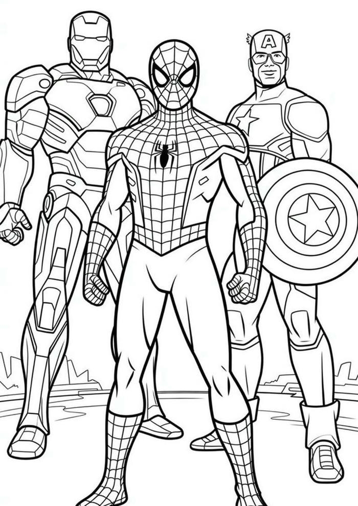 Tô tranh màu spider man với Iron Man và Captain America