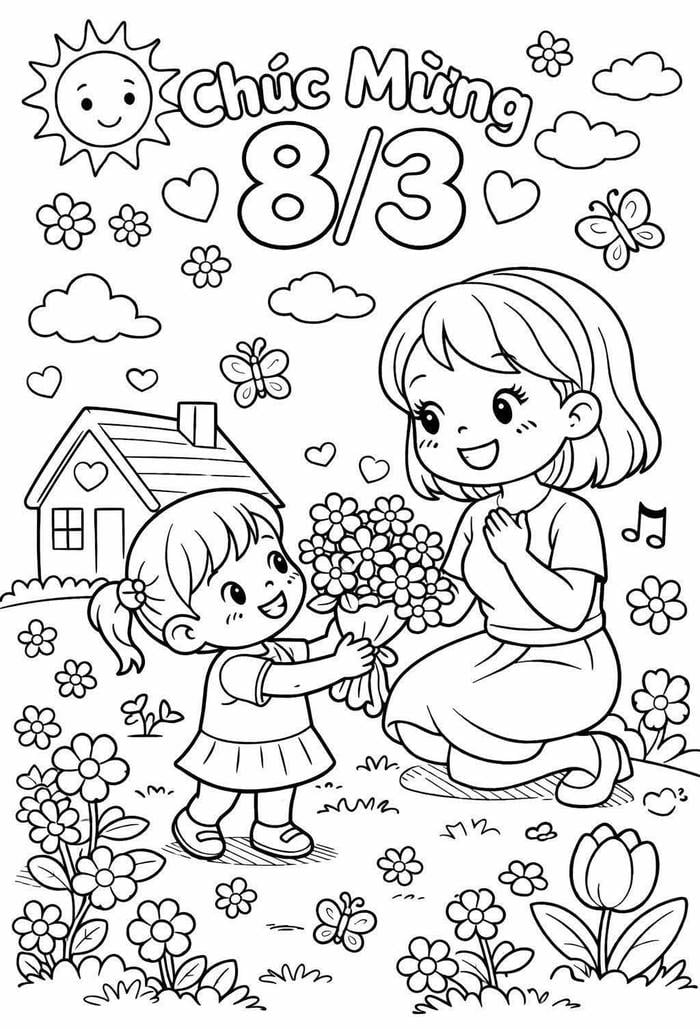 Tranh tô màu 8-3 có hình trái tim và hoa xinh