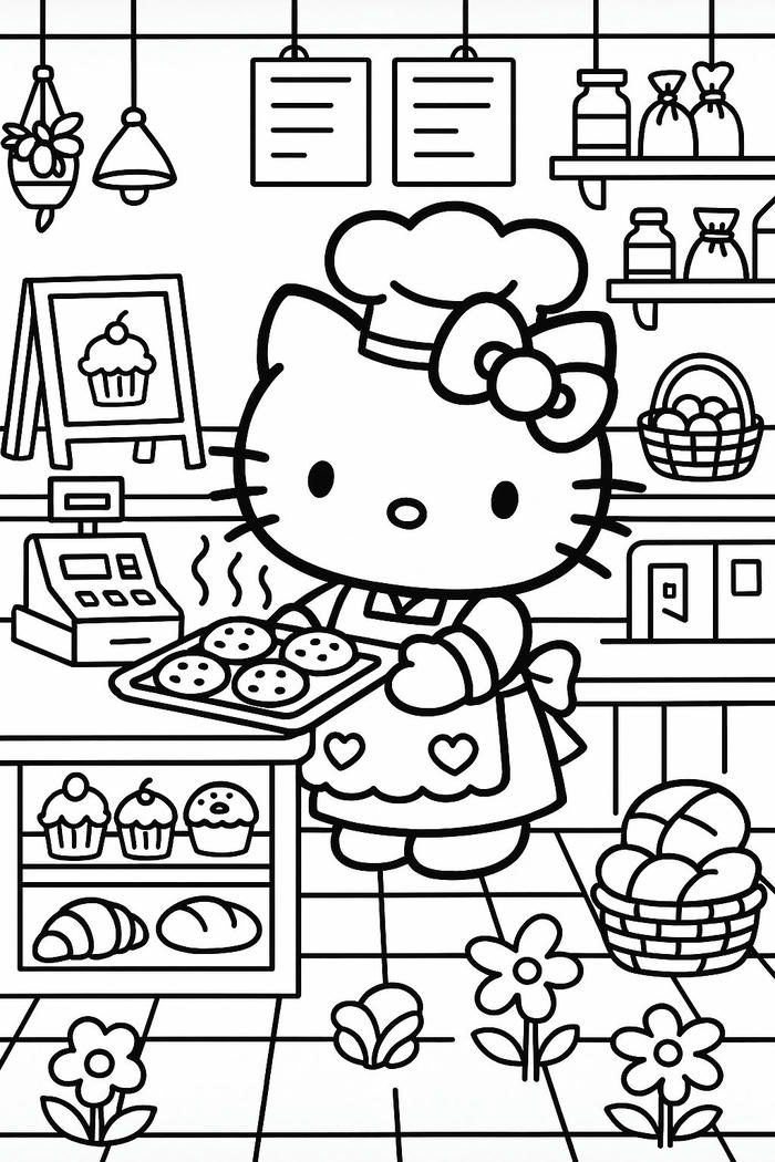 Tranh tô màu Hello Kitty làm bánh trong phong cách Sanrio