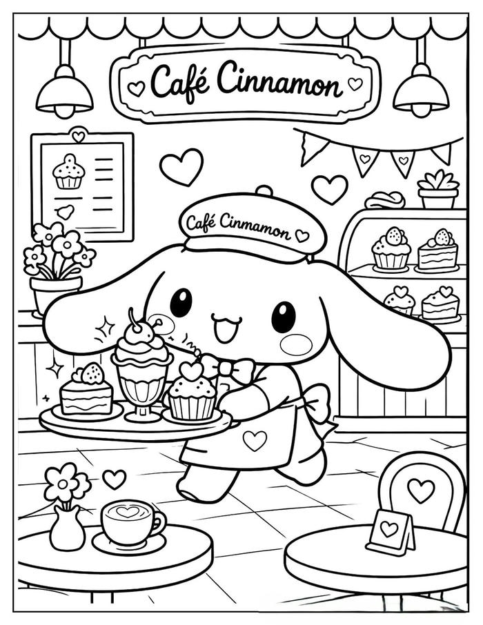 Tranh tô màu Sanrio Kawaii về quán Cafe Cinnamon dễ thương