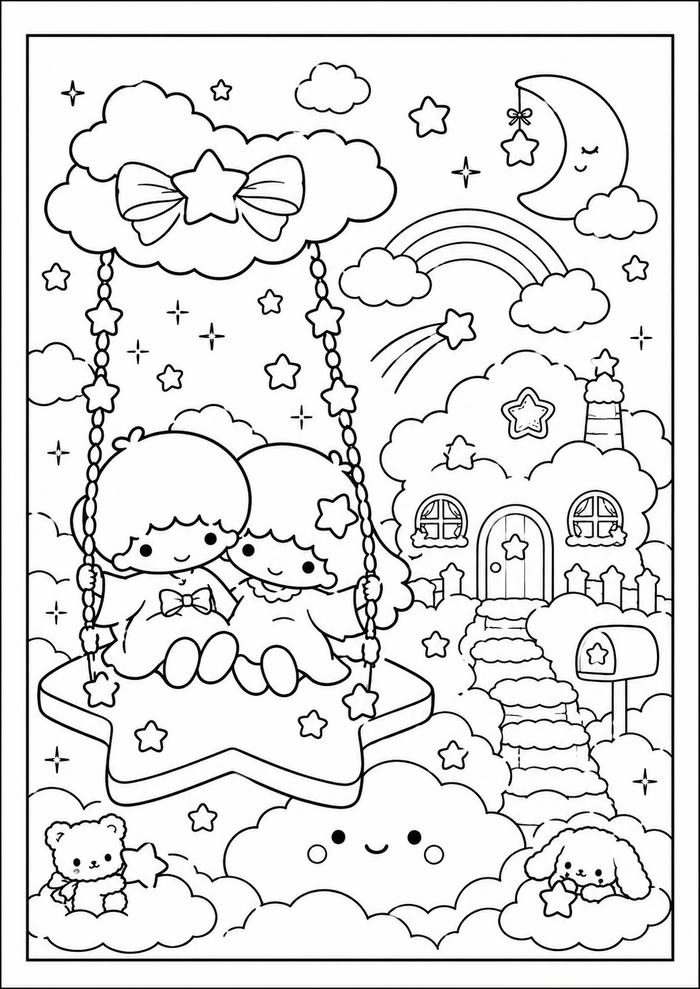 Tranh tô màu Sanrio hình Little Twin Stars mơ màng.