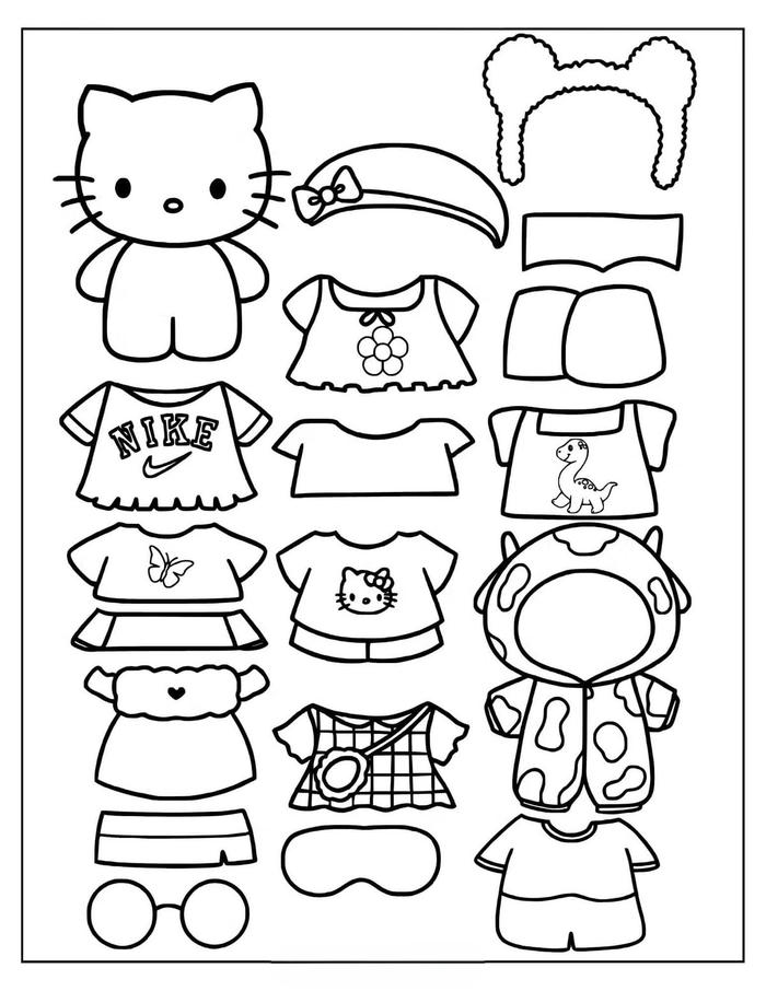 Tranh tô màu Sanrio với nhiều hình Hello Kitty và các trang phục.