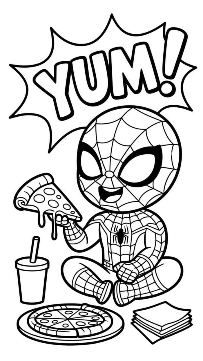 Tranh tô màu Spider Man đang ăn pizza vui vẻ