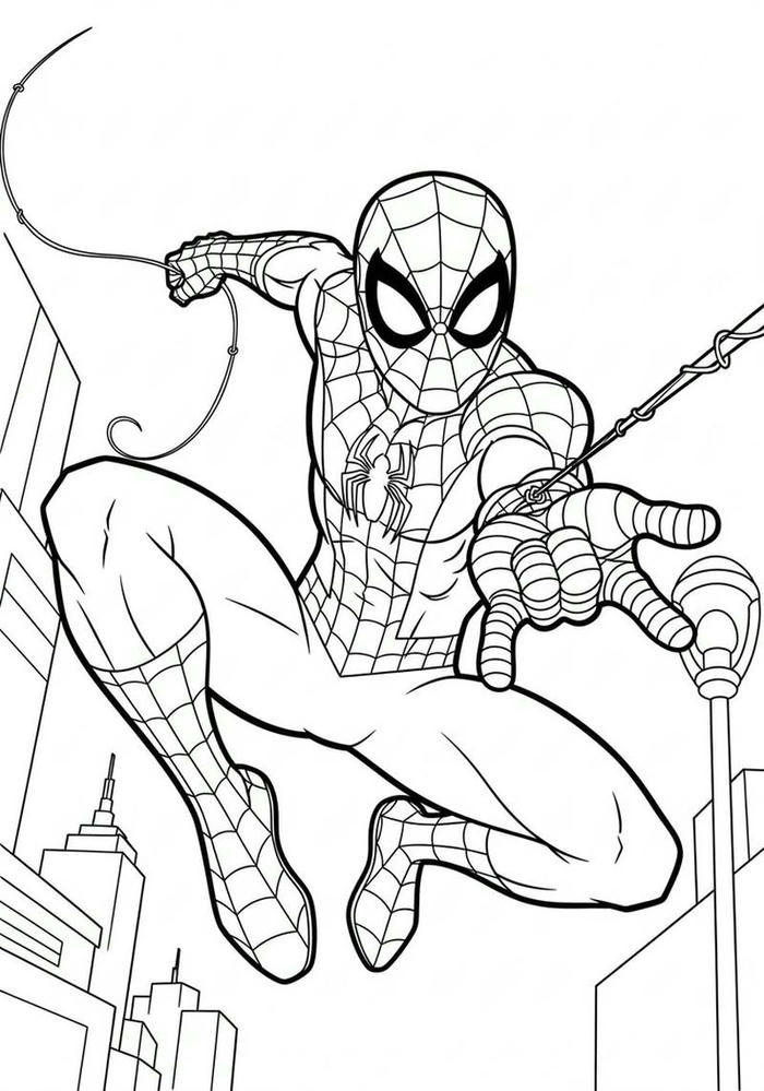 Tranh tô màu Spider Man đang bay trên thành phố