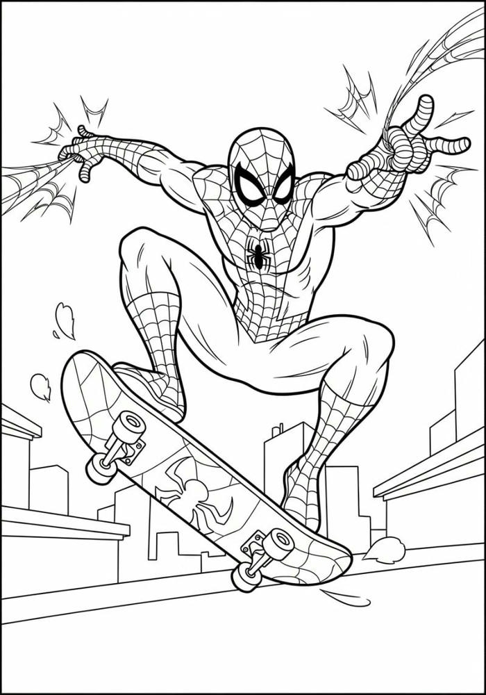 Tranh tô màu Spider Man đang trượt skateboard trên thành phố