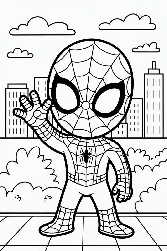 Tranh tô màu Spider Man đáng yêu trên nền thành phố.