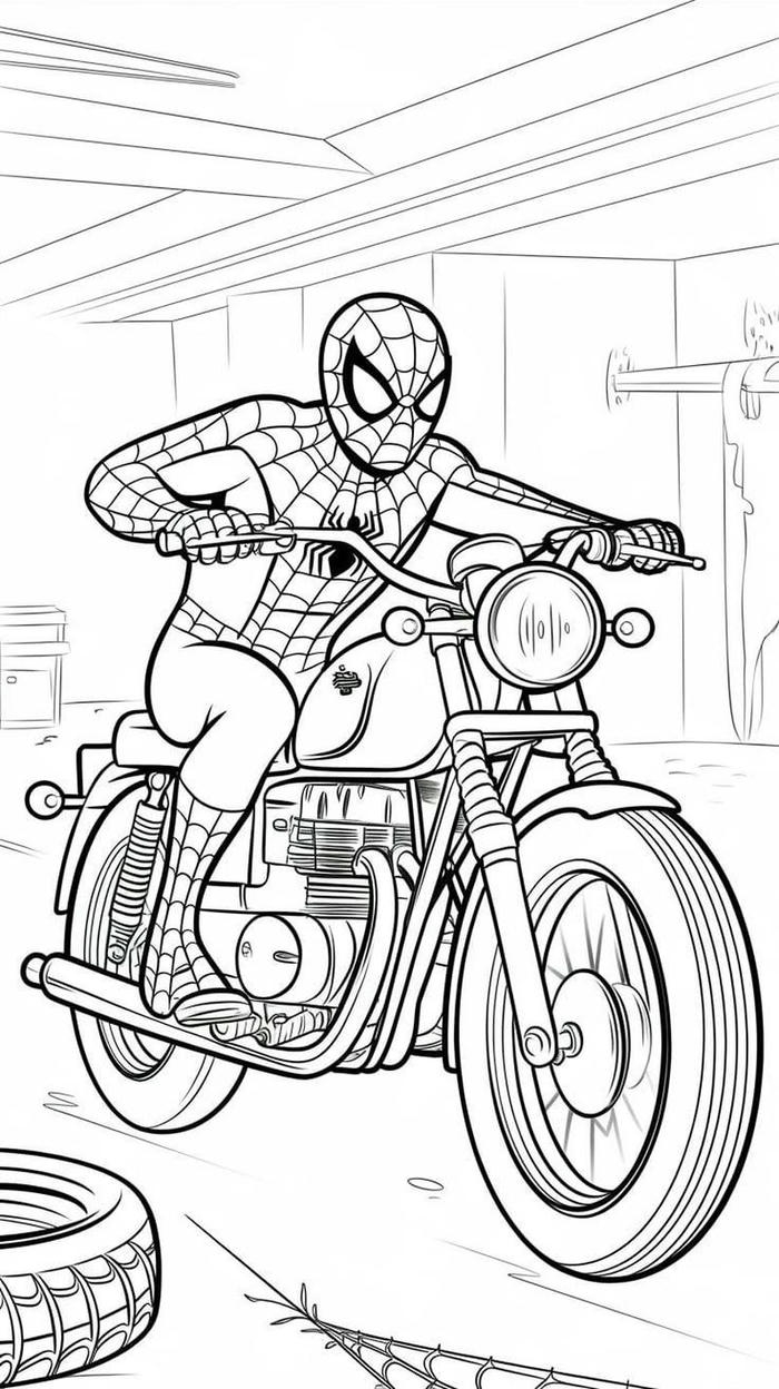 Tranh tô màu Spider Man trên chiếc xe máy cool ngầu
