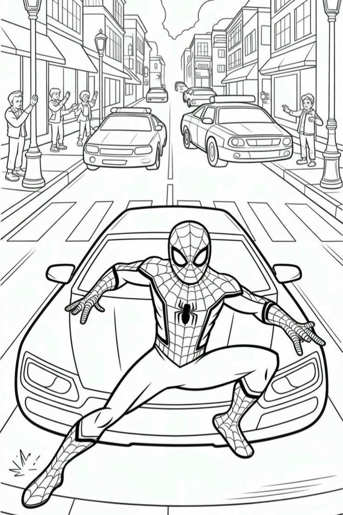 Tranh tô màu Spider Man trên đường phố đô thị vui nhộn
