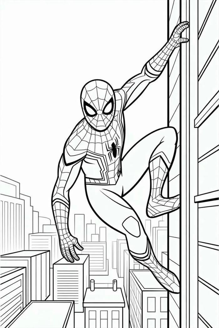 Tranh tô màu Spider Man trên nền thành phố hiện đại