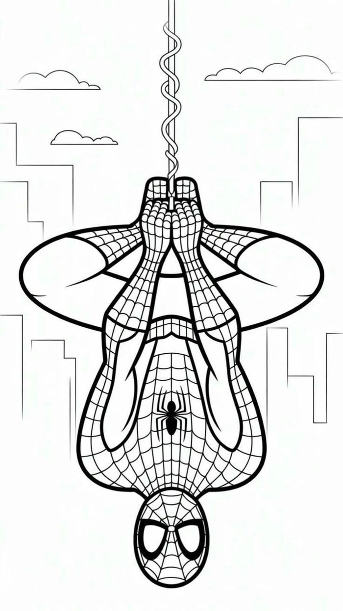 Tranh tô màu Spider Man treo lơ lửng trên thành phố