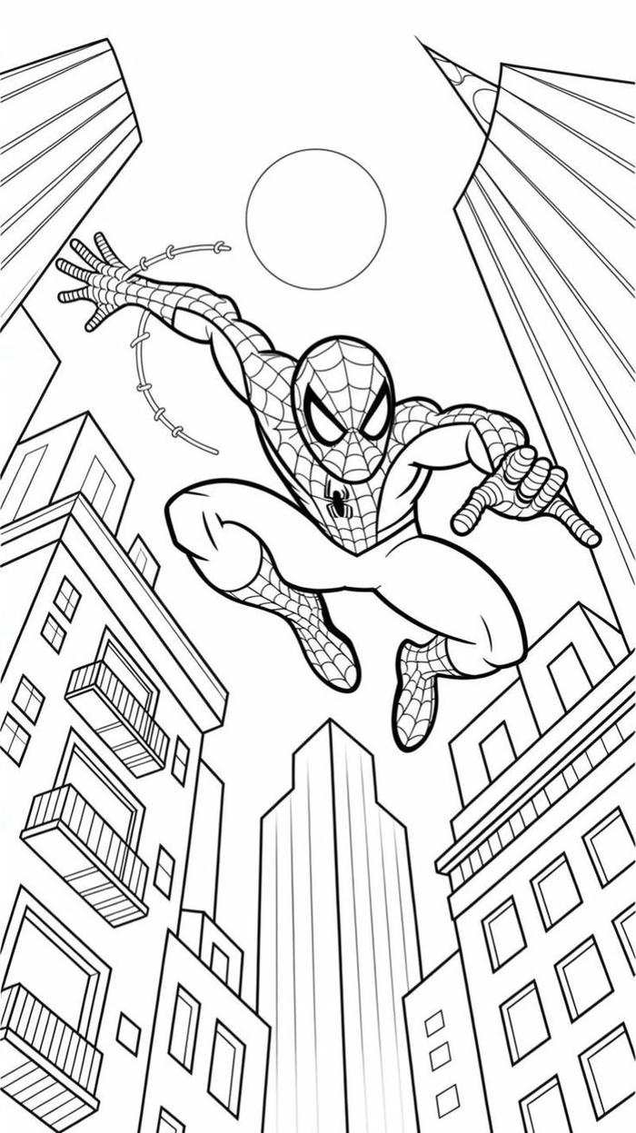 Tranh tô màu Spider Man tung tăng trên thành phố lớn