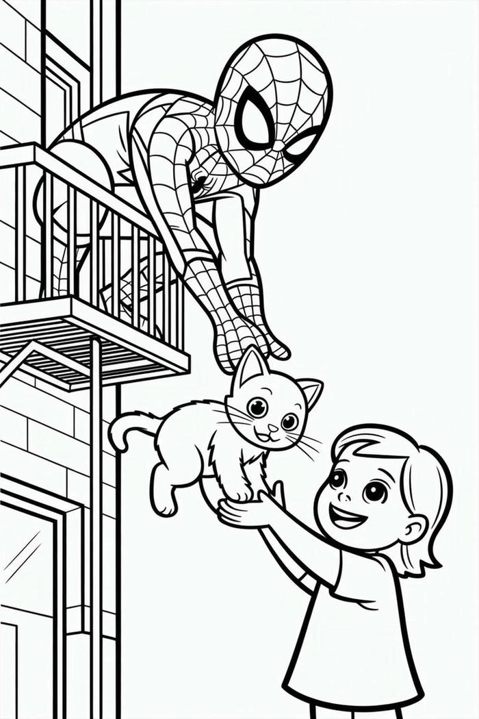 Tranh tô màu Spider Man vui nhộn cùng mèo con dễ thương