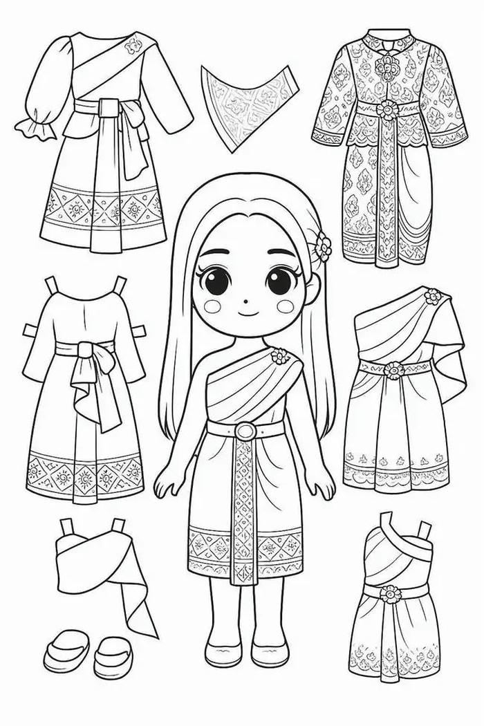 Tranh tô màu búp bê giấy xinh xắn đáng yêu