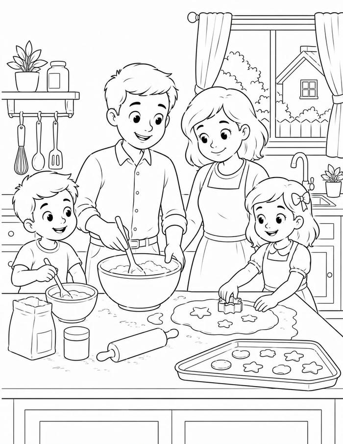 Tranh tô màu gia đình có nhân vật ngộ nghĩnh
