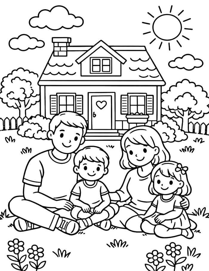 Tranh tô màu gia đình với hình vẽ đơn giản