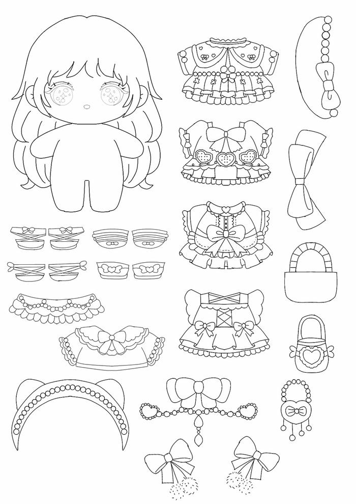 Tranh tô màu pinterest paper doll búp bê giấy chibi có nét vẽ tinh tế