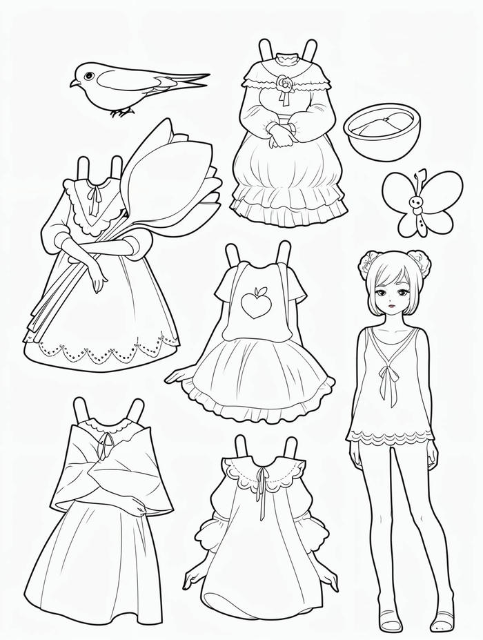 Tranh tô màu pinterest paper doll búp bê giấy chibi kiểu dáng ngộ nghĩnh