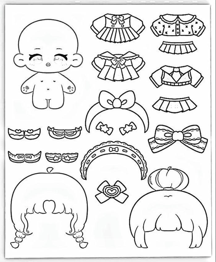 Tranh tô màu pinterest paper doll búp bê giấy chibi với nét mềm mại