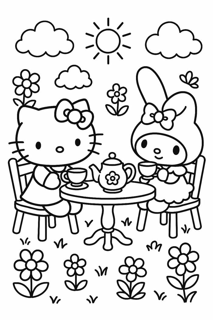 Tranh tô màu sanrio Hello Kitty và My Melody trà chiều vui vẻ