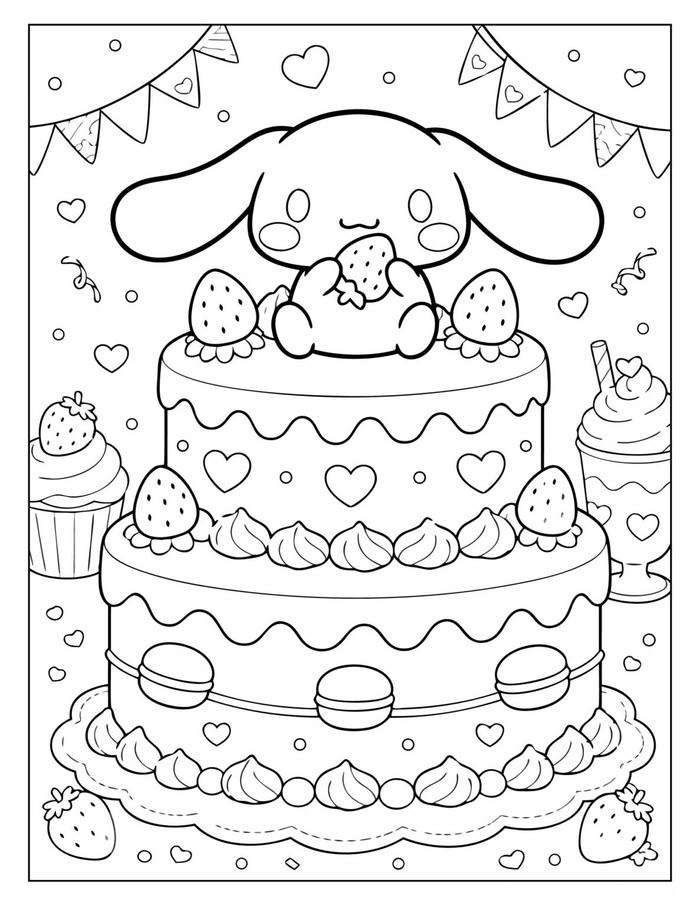 Tranh tô màu sanrio bánh kem sinh nhật ngộ nghĩnh đáng yêu
