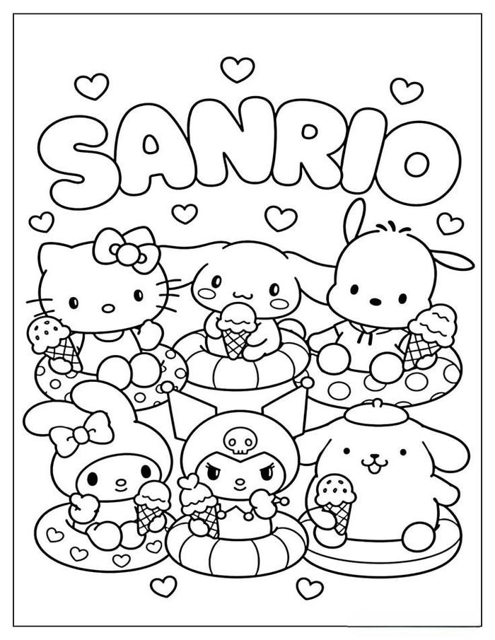 Tranh tô màu sanrio các nhân vật Kuromi Pompompurin Hello Kitty