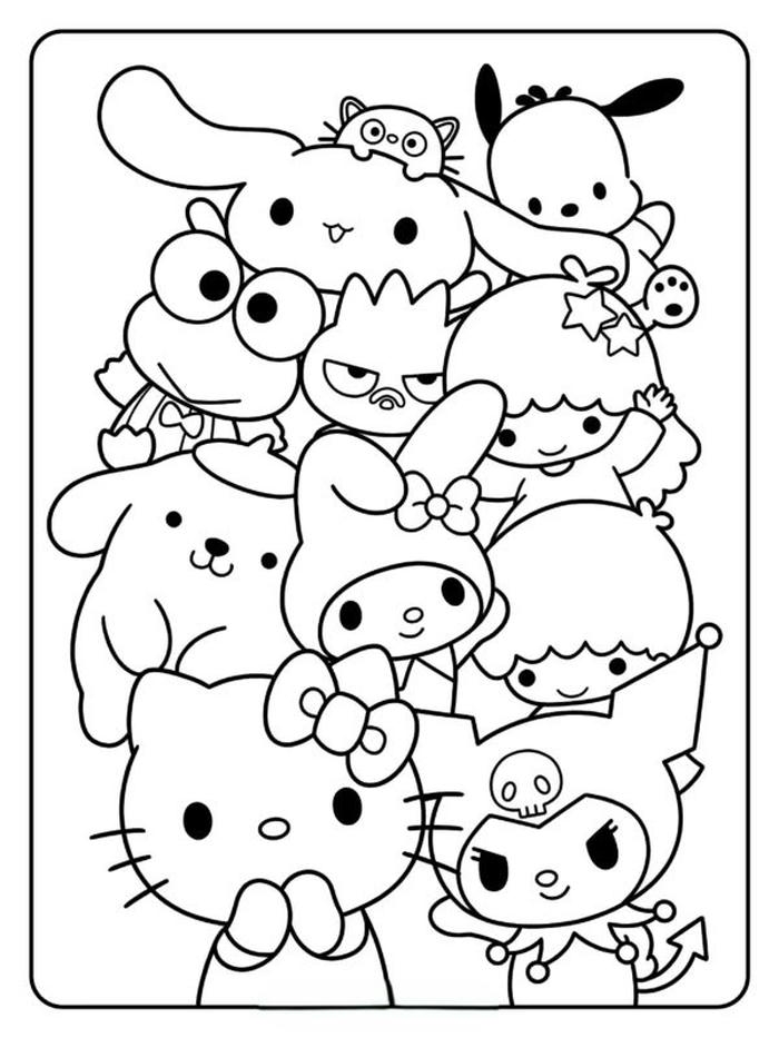 Tranh tô màu sanrio các nhân vật hoạt hình dễ thương tập trung