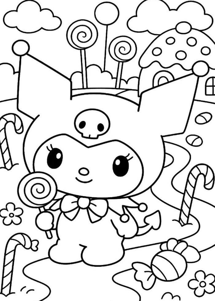 Tranh tô màu sanrio đáng yêu chú khỉ đang chơi kẹo đường