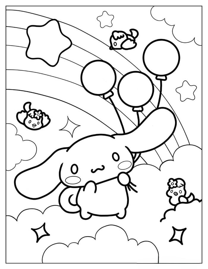 Tranh tô màu sanrio đáng yêu chú thỏ dễ thương bay cùng bóng bay