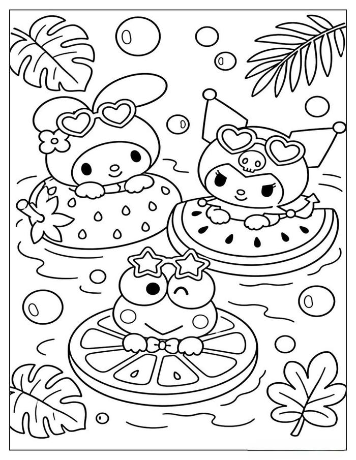 Tranh tô màu sanrio hai chú thỏ vui nhộn bên dưa hấu
