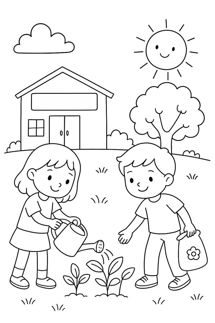 Tranh tô màu trường mầm non với mẫu hình xinh