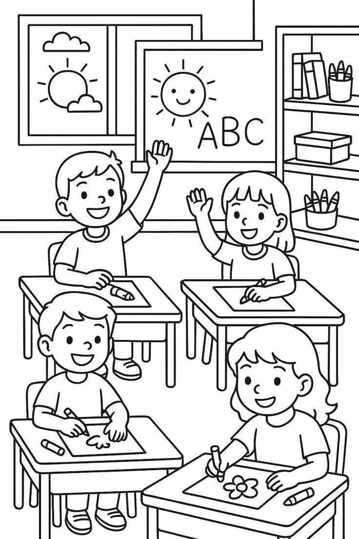 Tranh tô màu trường mầm non với nét vẽ đơn