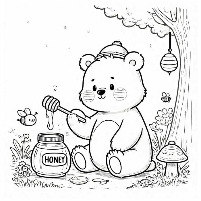 tranh con gấu cho trẻ tô màu ăn mật ong