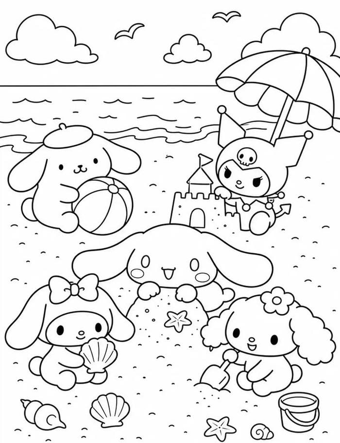 Ảnh tranh tô màu Cinnamoroll thay đồ cùng phụ kiện dễ thương