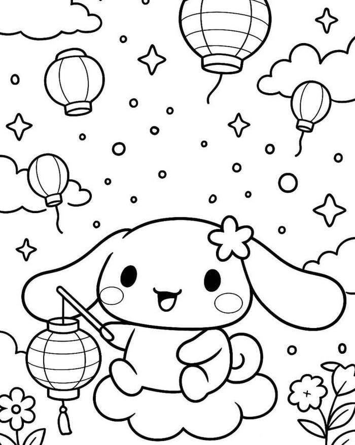 Ảnh tranh tô màu Cinnamoroll thay đồ kèm phụ kiện nhỏ xinh