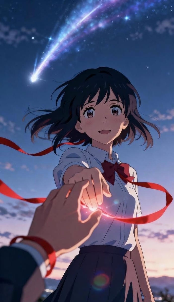 Hình ảnh cặp đôi anime trao nhau ánh nhìn trìu mến