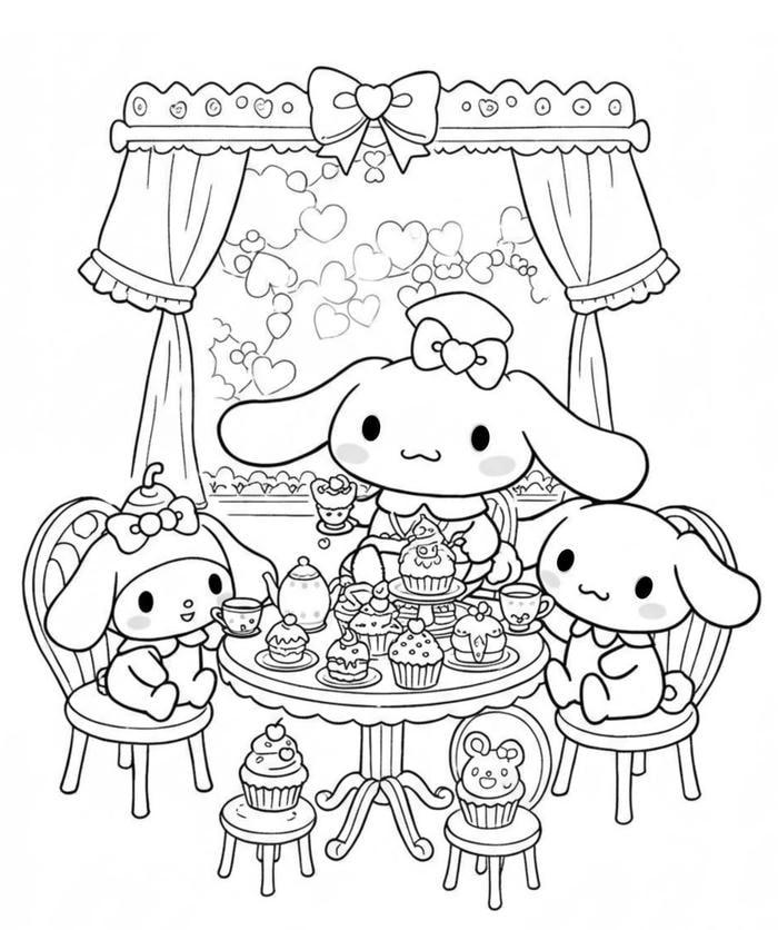 Hình ảnh tranh tô màu Cinnamoroll thay đồ trong nhiều kiểu trang phục